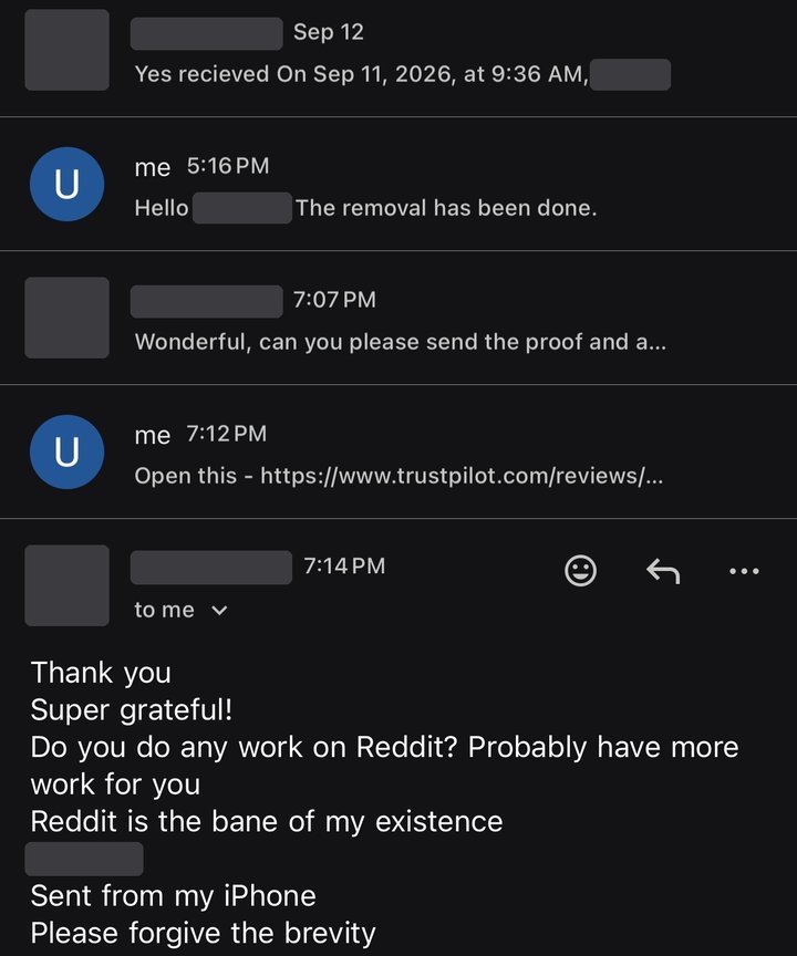Email thread: we confirm a Trustpilot review was removed, and the client replies 'Thank you, super grateful! Do you do any work on Reddit?'
