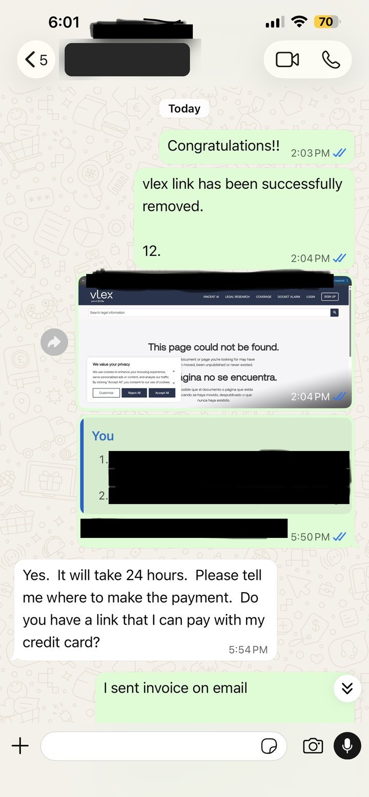 WhatsApp chat: we confirm a vLex legal-database page was removed, with a screenshot showing 'This page could not be found'